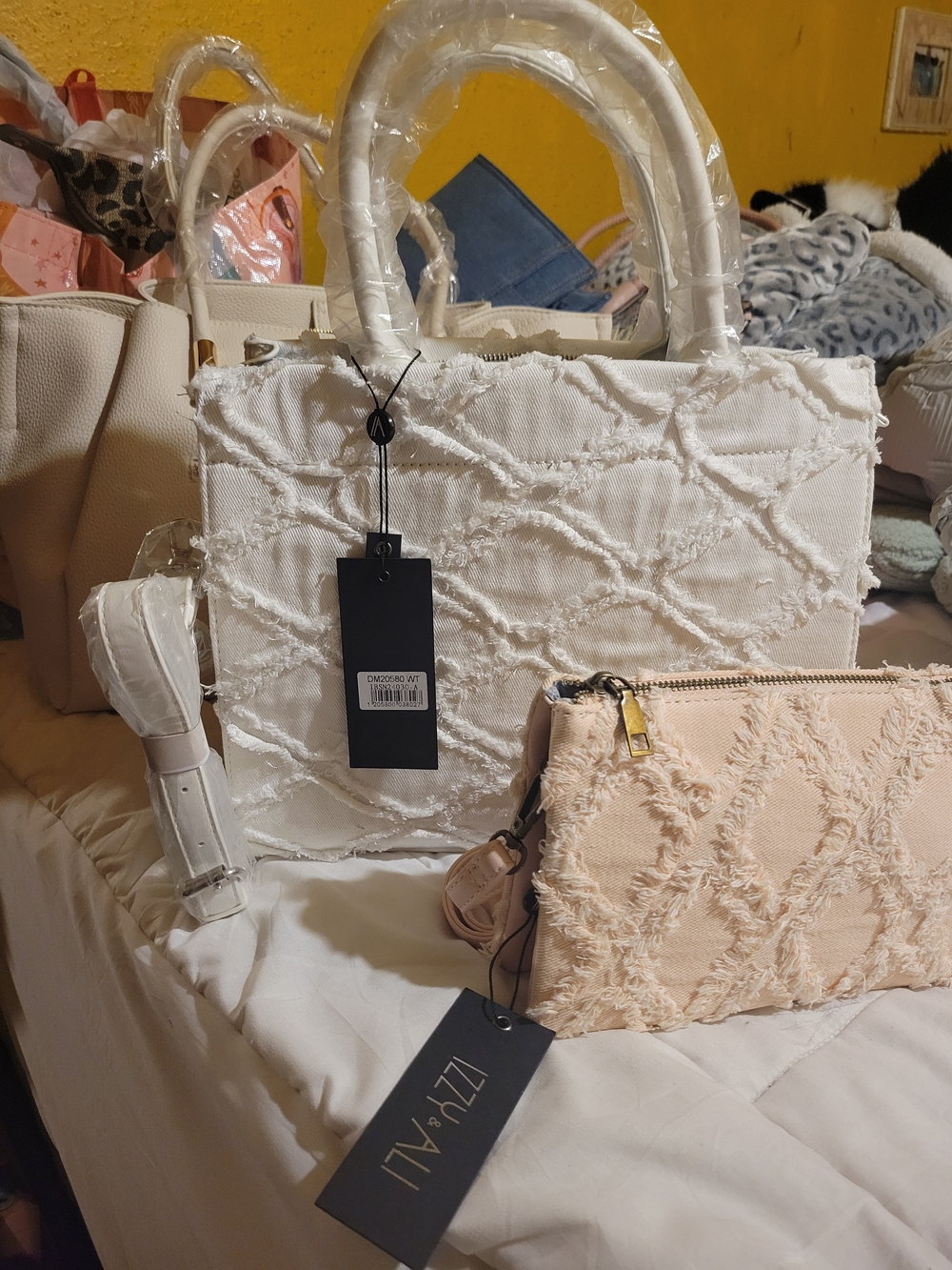White Textured Jean Tote with Matching Blush Crossbody